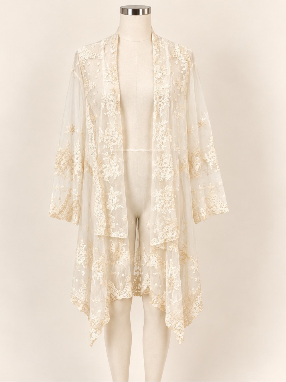 Indigo Soul L Ivory Sheer Embroidered Lace Kimono Duster Cardigan Boho